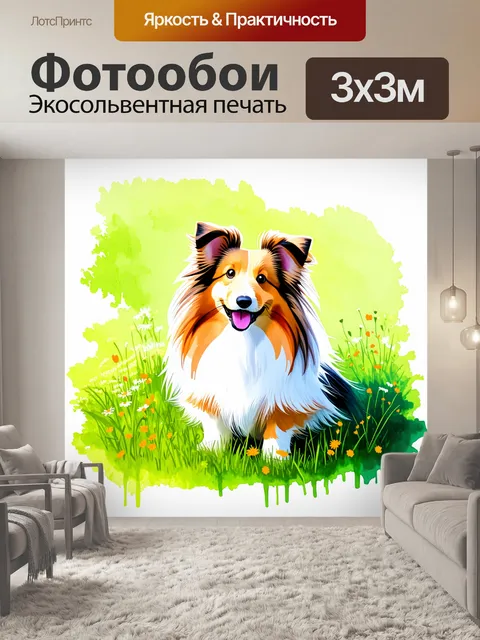 Фотообои шелти, играющий на зеленом лугу в солнечный день, окруженный полевыми цветами, с игривым выражением на…