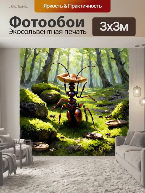 Фотообои на лесной поляне, среди мшистых камней и ярких грибов, высится величественная деревянная королева муравьев…