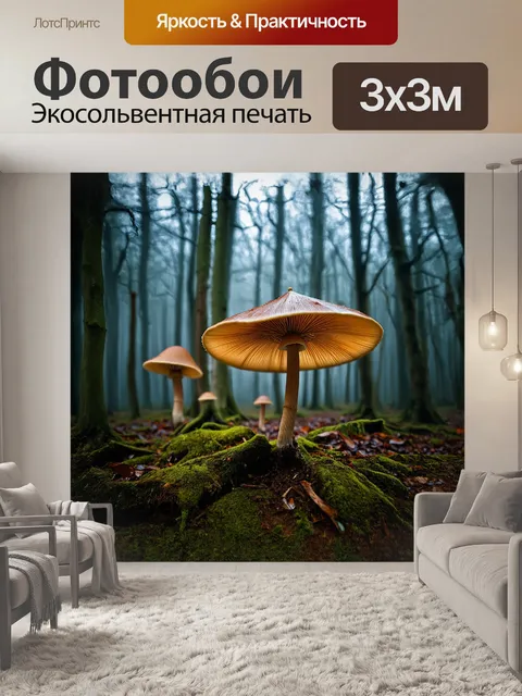 Фотообои сумрачный лес с грибами-зонтиками