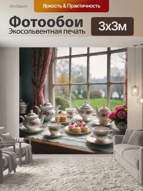 Фотообои с изображением уютного чаепития на фоне открытого окна