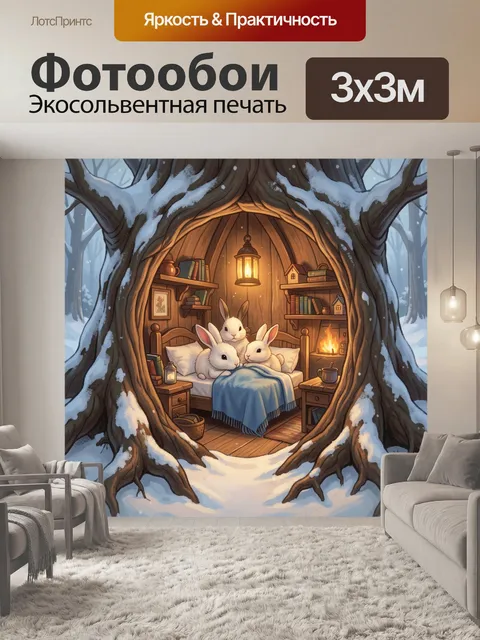 Фотообои Зайцы в лесной хижине зимой