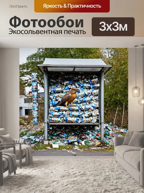 Фотообои изображение грифа, сидящего на старой автобусной остановке, заваленной мусором
