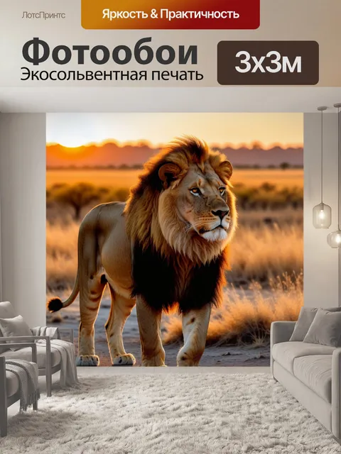 Фотообои лев на фоне заката в саванне
