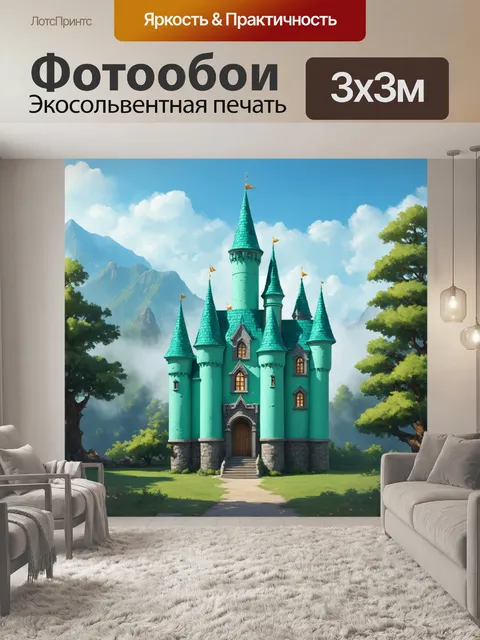 Фотообои мятный цвет с изображением величественного мятного замка, окруженного сказочным лесом