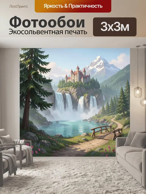 Фотообои Сказочный замок у водопада