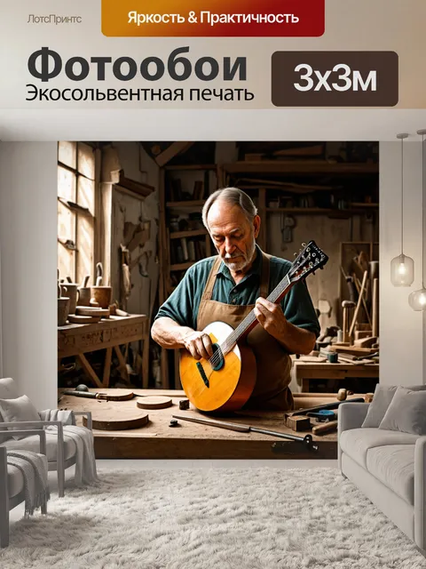 Фотообои старый мастер, занятой изготовлением балалайки в своей мастерской, окруженный инструментами и заготовками