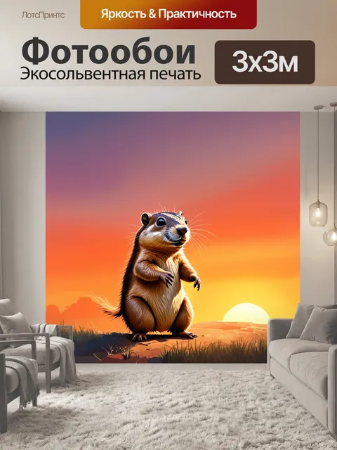 Фотообои суслик на фоне заката, где небо окрашено в яркие оттенки оранжевого и розового