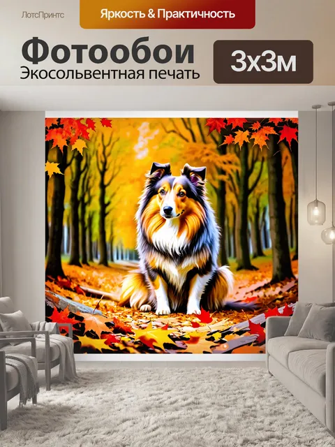 Фотообои осенний лес, где шелти играет среди опавших листьев, с яркими оттенками желтого, оранжевого и красного