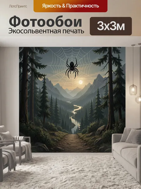 Фотообои Паук на паутине в лесу