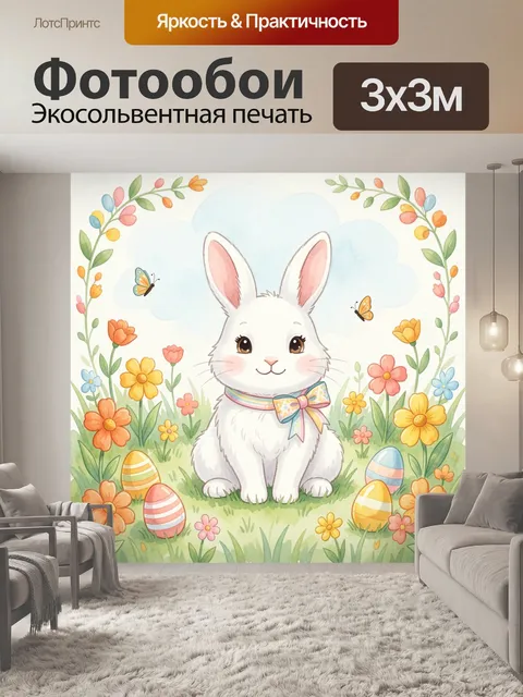 Фотообои Белый зайчик среди весенних цветов