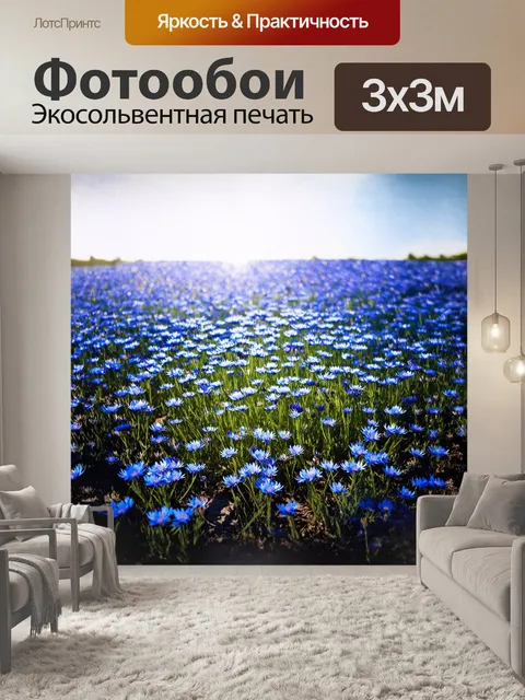 Фотообои на цветущем поле синих васильков, усыпанном солнечными лучами, возвышаются романтичные силуэты
