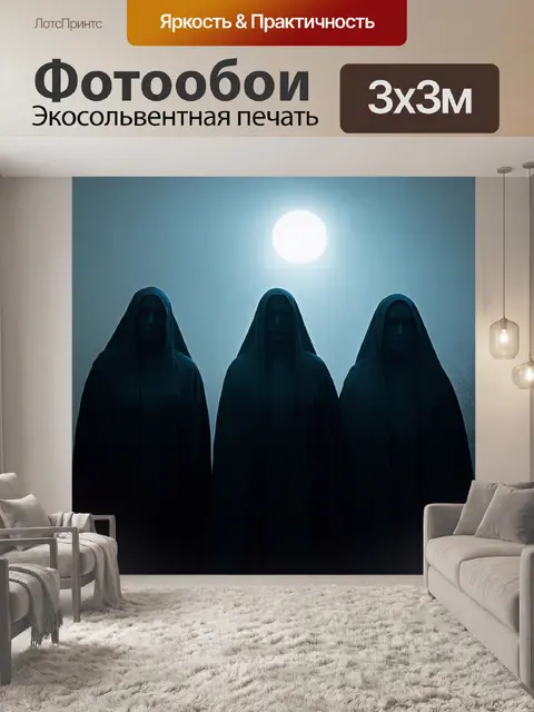 Фотообои туман в стиле готический, с завуалированными фигурами в тумане, празднующими древний ритуал под светом луны