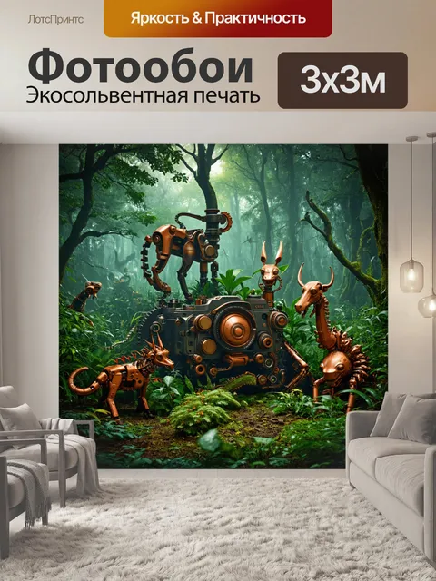 Фотообои пейзаж в стиле стимпанк, показывающий таинственный лес, заполненный механическими животными и растениями
