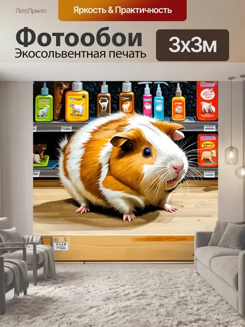 Фотообои в зоомагазине морская свинка весело дерется с пушистым шариком, показывая свое игривое поведение