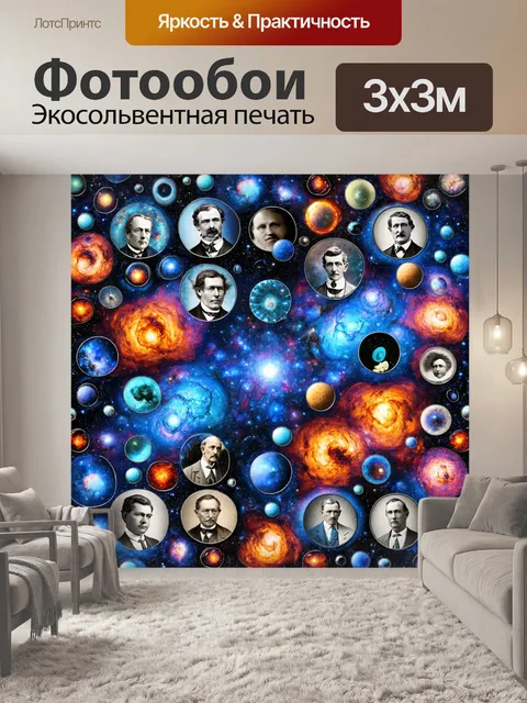 Фотообои космос в стиле лоскутный коллаж с изображениями ученых и их открытий