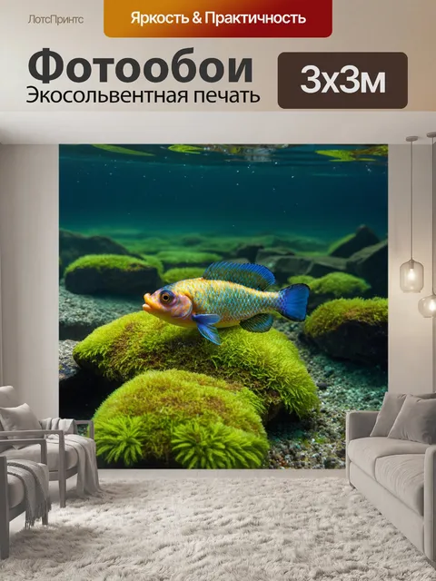 Фотообои на берегах тыны у поросших зеленым мхом скал скрывается многоцветная рыба