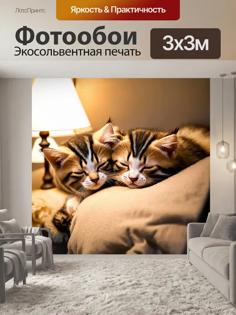 Фотообои с котятами, которые спят в обнимку на подушке, мягкий свет лампы освещает их пушистые шерстки и создает…