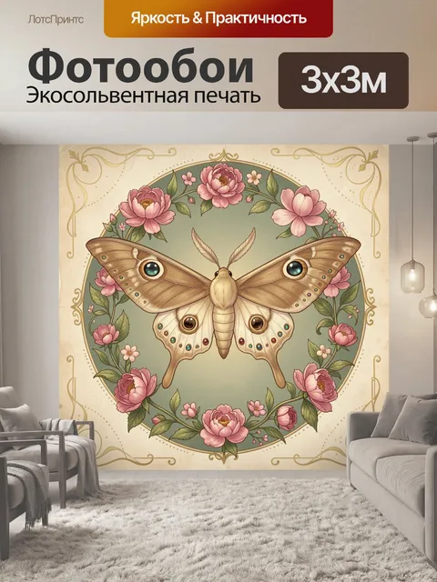 Фотообои Павлиний мотылёк с цветами