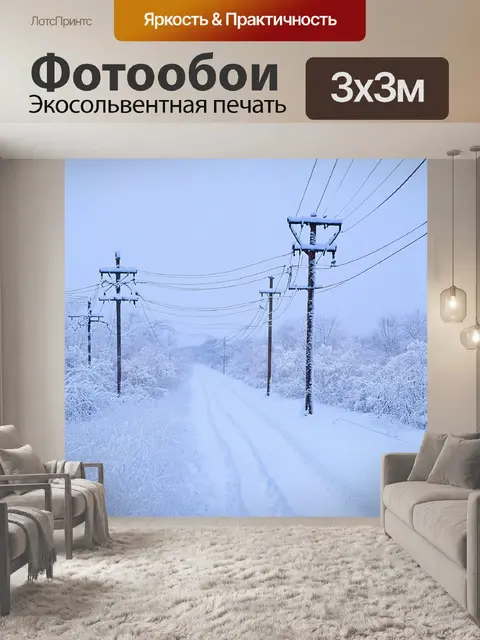 Фотообои зимний пейзаж с опорами лэп, покрытыми снежным покровом и инеем