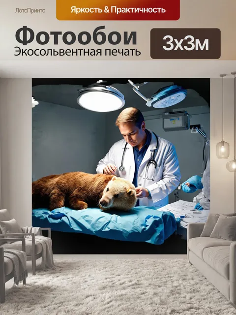 Фотообои бобр-врач, облачённый в белый халат и с маленьким стетоскопом на шее, внимательно осматривает пациента…