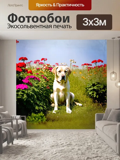 Фотообои лабрадор, с удовольствием вдыхающий аромат цветов, сидит среди высоких трав и цветущих растений, таких как…