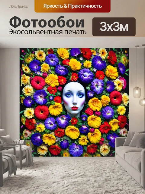 Фотообои цветы в стиле сюрреализм, цветы с человеческими лицами, игра с идентичностью и природой, выразительные эмоции