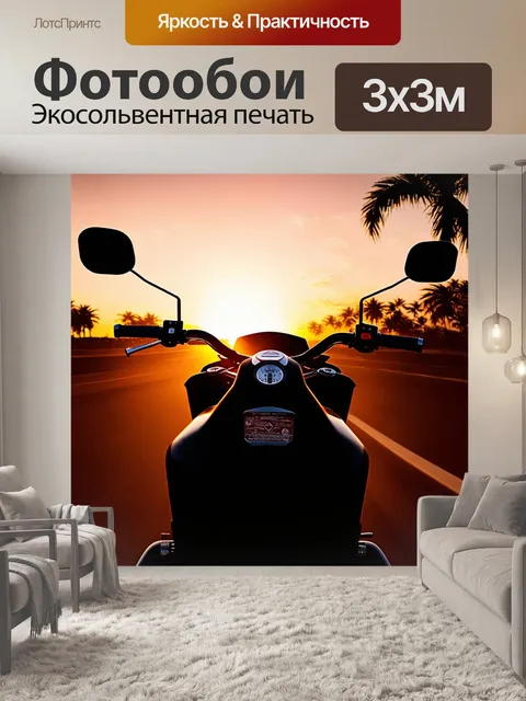 Фотообои мотоцикл с эффектом тени, вид со стороны водителя, на фоне яркого заката и пейзажей с пальмами