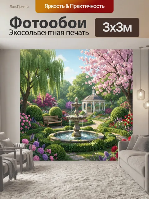 Фотообои Цветущий сад с фонтаном и беседкой