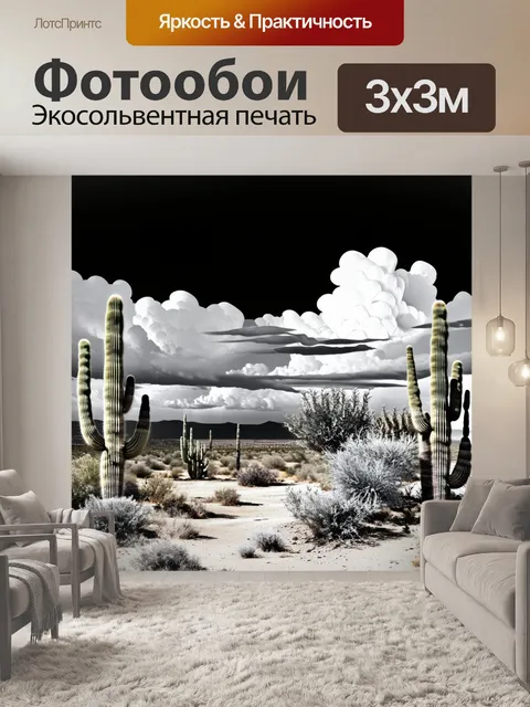 Фотообои черно-белый: пейзаж с пустыней и кактусами на фоне грозовых облаков