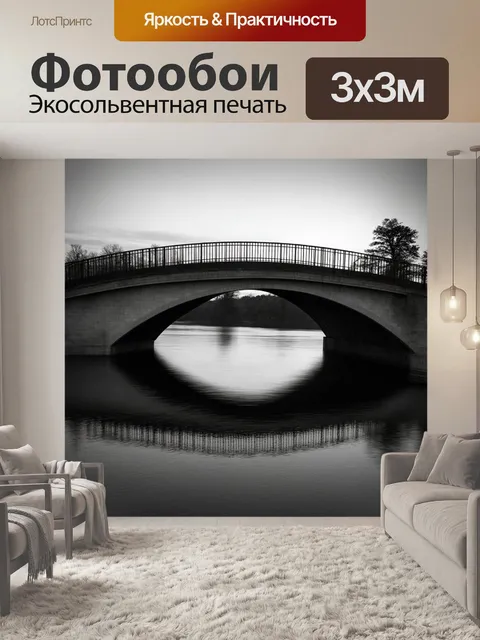 Фотообои черно-белый с кривым мостом, проходящим через серую воду, где отражение создаёт эффект размытости