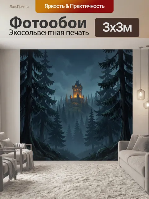 Фотообои Мрачный замок в хвойном лесу