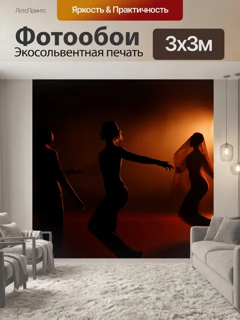 Фотообои темный фон с завуалированными силуэтами фигур, которые движутся, создающими атмосферу загадочного танца