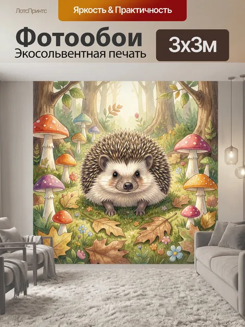Фотообои Ёжик среди лесных грибов