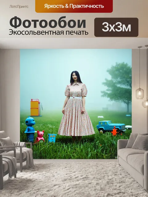 Фотообои туман в стиле ретро, женская фигура в винтажном платье, стоящая на поляне, окутанной туманом, с винтажными…
