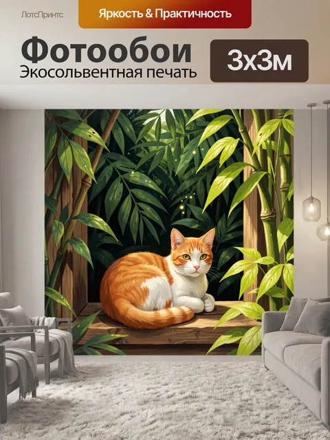 Фотообои Рыже-белый кот в бамбуке