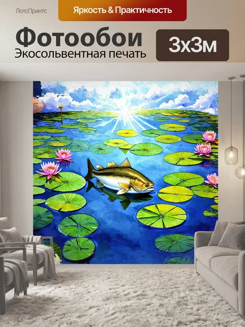 Фотообои фишель, мирно плавающий в спокойном пруду, окруженный цветущими водяными лилиями и зелеными кувшинками…