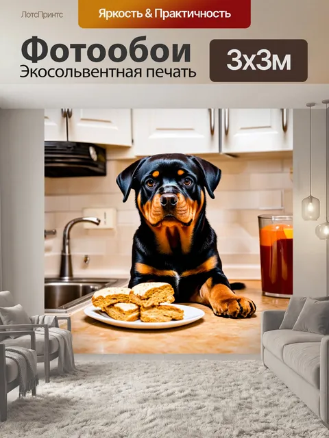 Фотообои ротвейлер на домашней кухне, ждущий лакомство с любопытством в глазах
