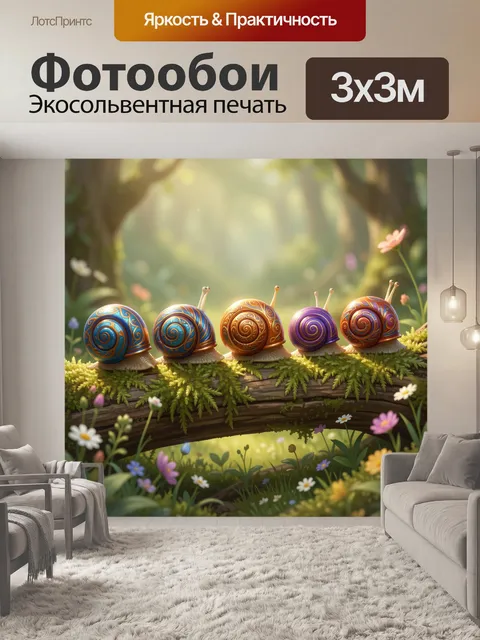 Фотообои Яркие улитки на лесной ветке