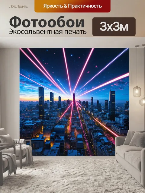 Фотообои пейзаж в стиле ретрофутуризм, с пейзажами города, пронизанными лазерными лучами на фоне сумерек