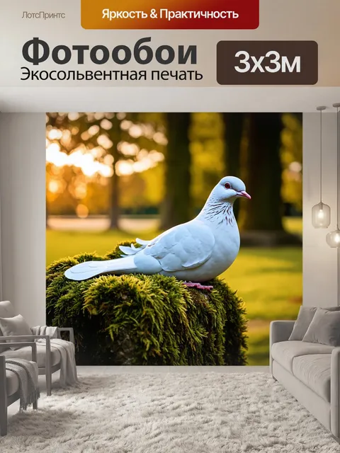 Фотообои белый голубь, отдыхающий на каменной статуе, покрытой мхом в тихом парке, с мягким светом заходящего солнца