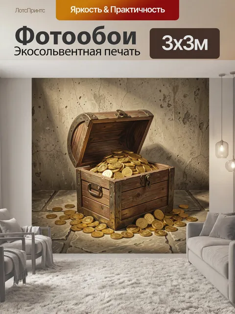 Фотообои Открытый сундук с золотом и монетами