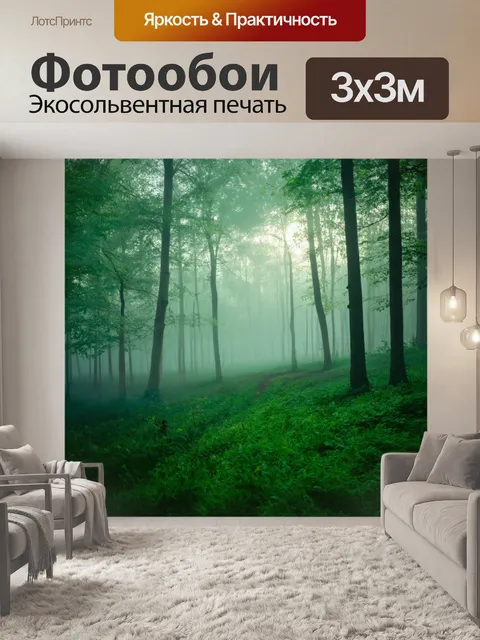 Фотообои рассвет в зеленом лесу, когда контакт света и дымка, дает зрителю чувство уединения