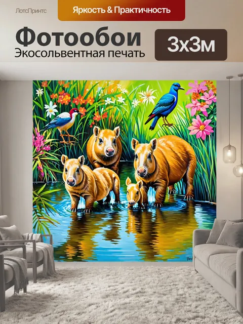 Фотообои семья капибар наслаждается солнечным днем у водопоя, окруженная экзотическими птицами и цветами