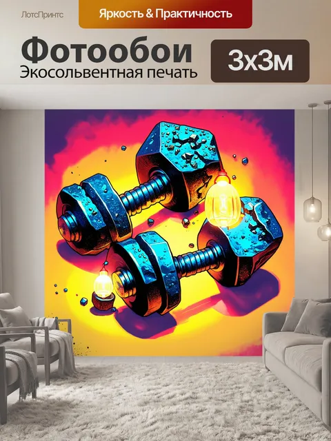 Фотообои гантели, метеоритные камни и небольшие светильники создают мощное волнение и движение внутри картины