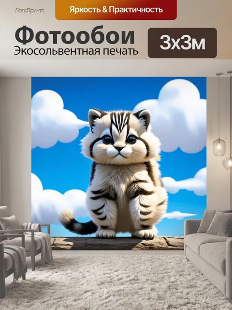 Фотообои манул, играющий с мягкими, пушистыми облаками в летнем небе, его мех переливается солнечными бликами
