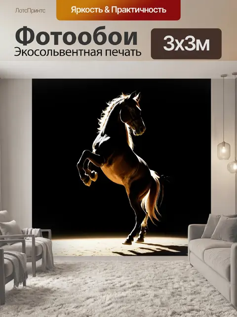 Фотообои Силуэт лошади, стоящей на задних ногах, на фоне сильного контраста света и тени