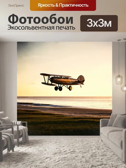 Фотообои молчит старомодный биплан, приземляющийся на берегу тихого моря под палитрой заката