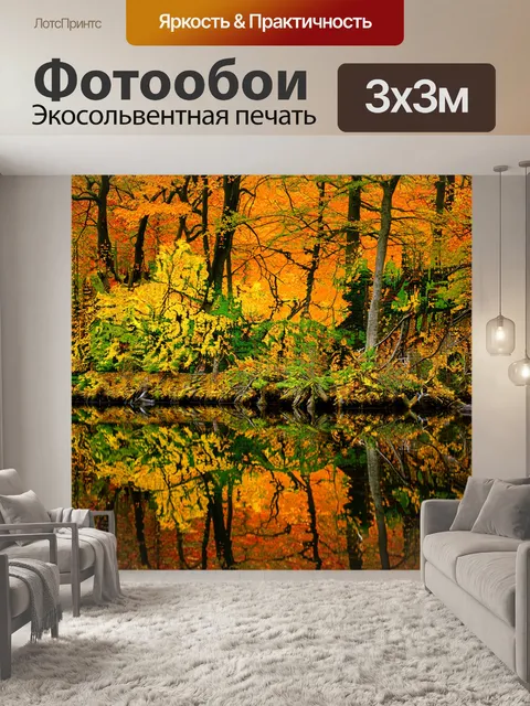 Фотообои светлый осенний лес с отражениями в спокойной воде
