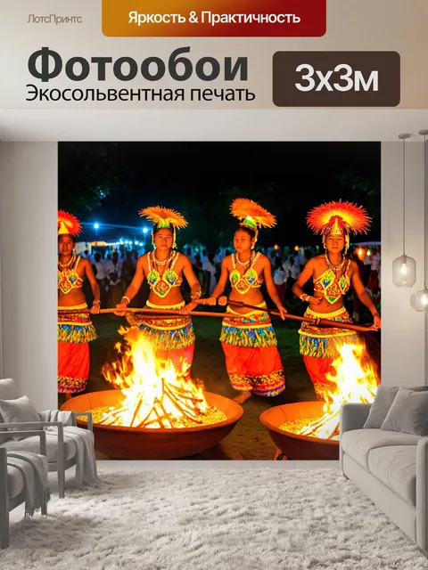 Фотообои тропики, традиционный танец местных жителей, красочные костюмы, ритмы кормления, тропические инструменты…