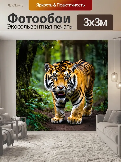 Фотообои суматрийский тигр, величественно расположенный в густом лесу, ведет себя хищно и уверенно